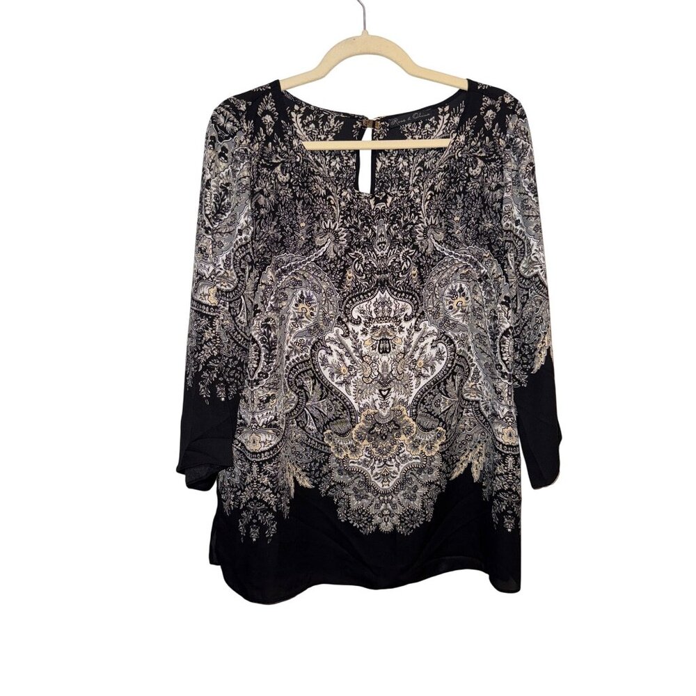 Rose & Olive Black & White Paisley Print 3/4 Sleeve Lightweight Blouse Womens L